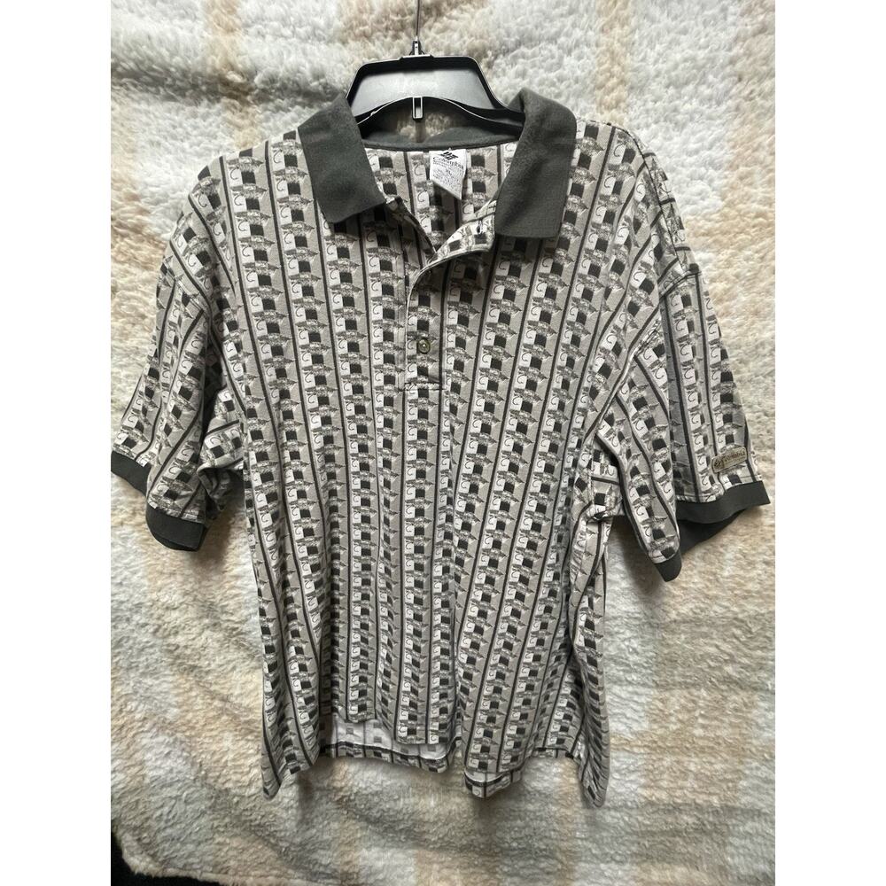 Columbia Men Polo Shirt XL Fishing Tackle Bait Allover Print Collar Grey White